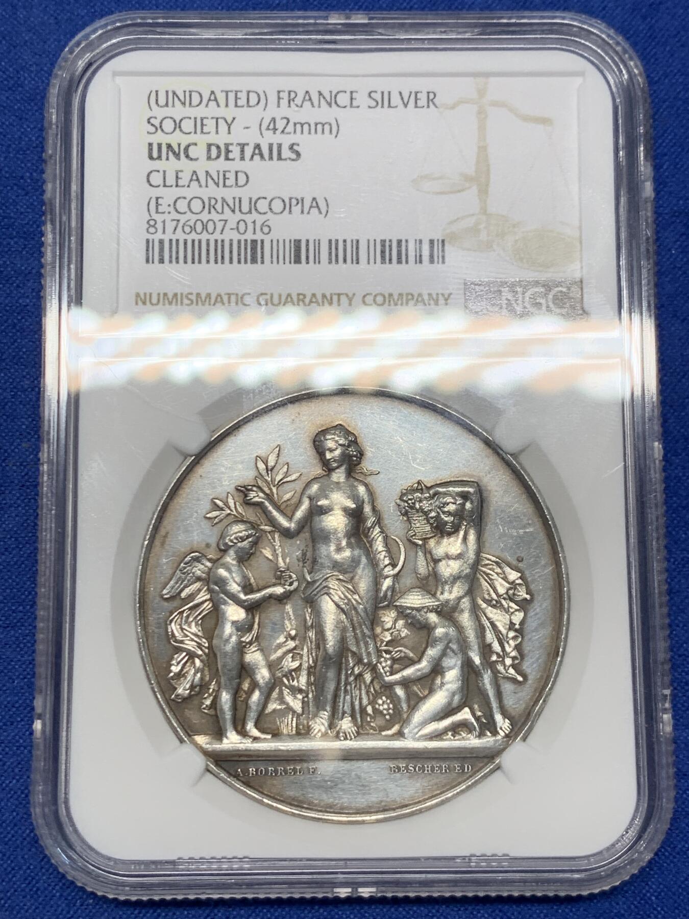 《竞宝斋》第302场- 周日，周一，周二  3场连拍 （全场包邮） NGC UNC 法国 1900年前后 瓦洛涅斯农业女神银章 42mm高浮雕清凉女神与小天使