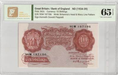 PThappally收藏第39次拍卖，英联邦地区硬币纸币 - 英国 Great Britain, WW- ND 1934-39 - 10 Shillings, Sign. K.O. Peooiatt, Pick 362c Wmk: Britannia's Head SN# 95W 187186, TQG 65 EPQD Gem unc