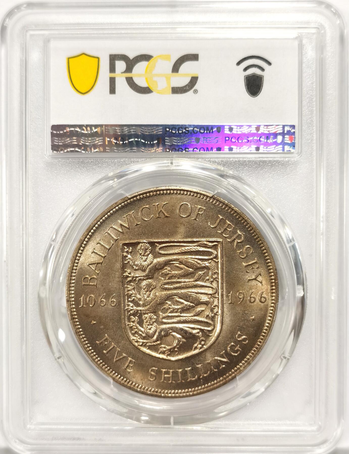 博洋堂“长夏未央”8月精品专场暨第089期（全场包邮） PCGS MS65 英属泽西1966年诺曼征服900周年5先令，PCGS亚军分，仅有2枚更高分