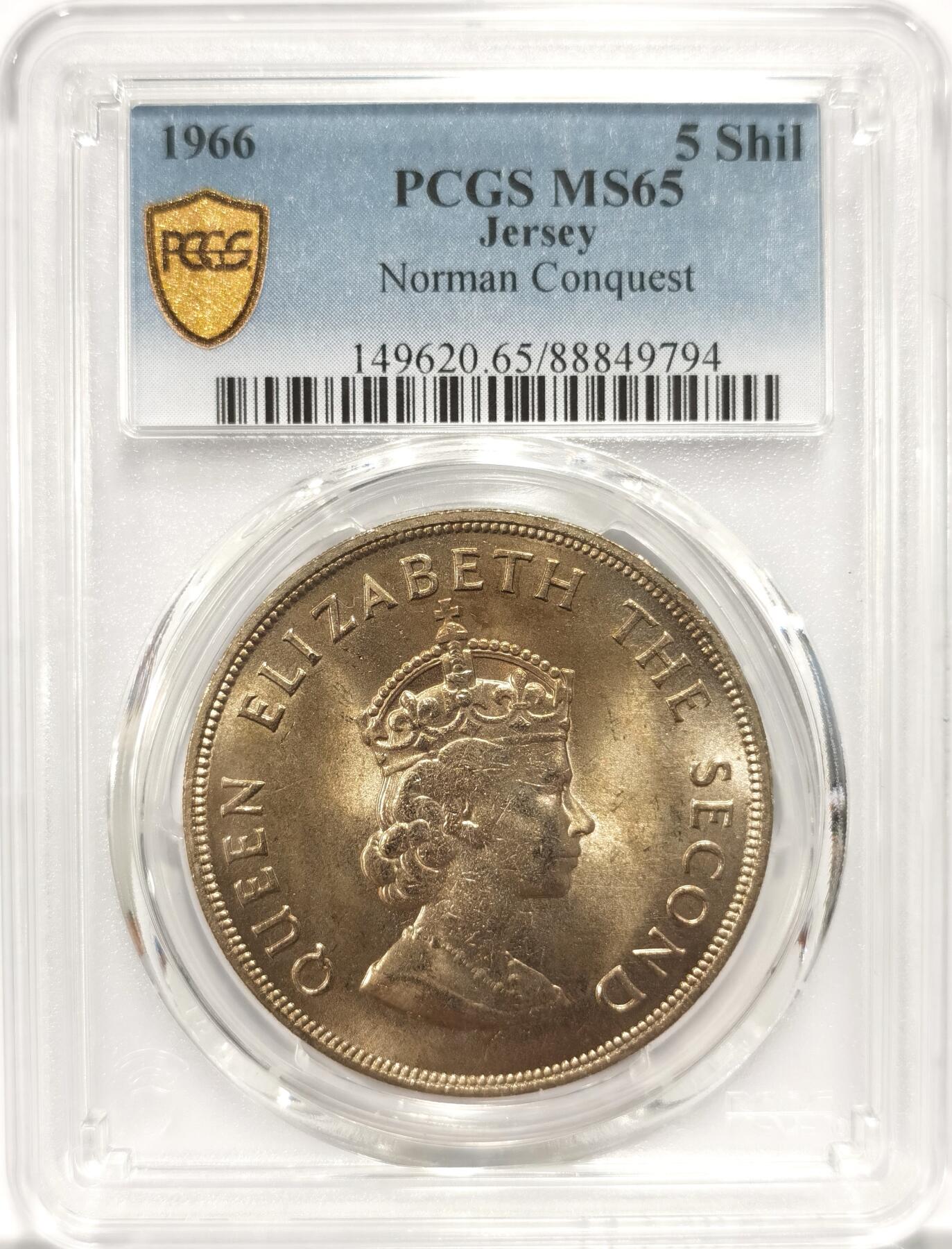 博洋堂“长夏未央”8月精品专场暨第089期（全场包邮） PCGS MS65 英属泽西1966年诺曼征服900周年5先令，PCGS亚军分，仅有2枚更高分