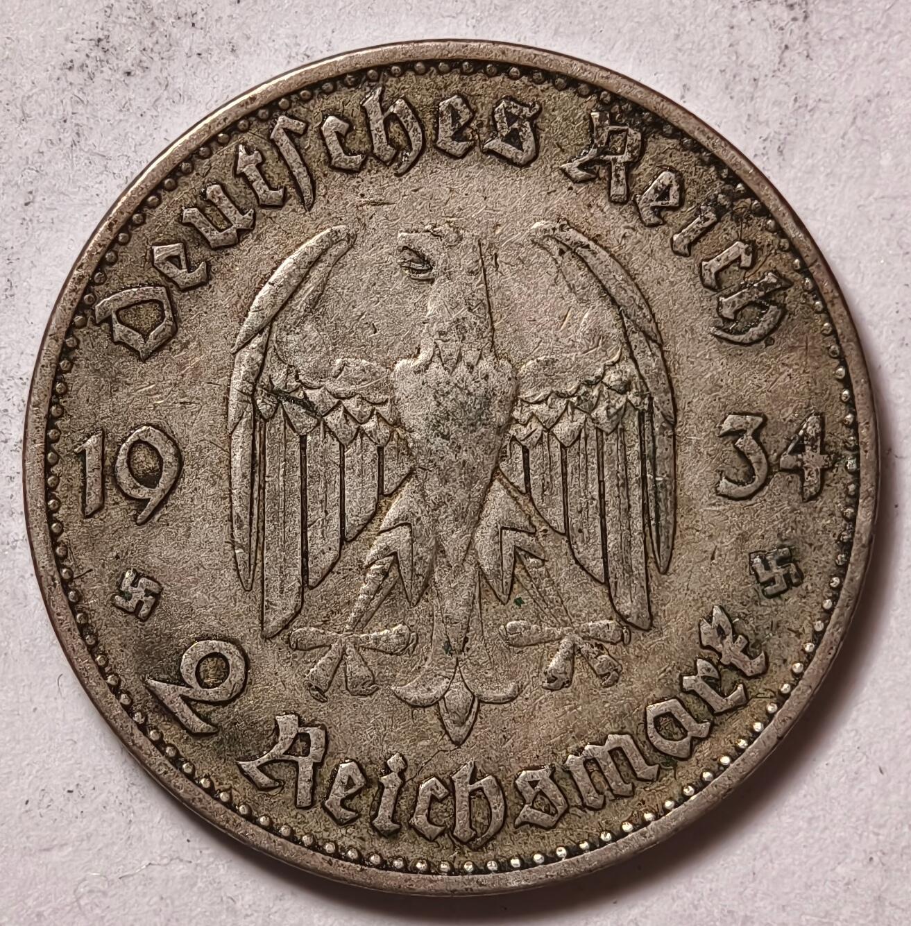 紫瑗钱币——第414期 德国 1934年 A版 执政1周年 波茨坦教堂 2马克 8克 0.625银 纪念币