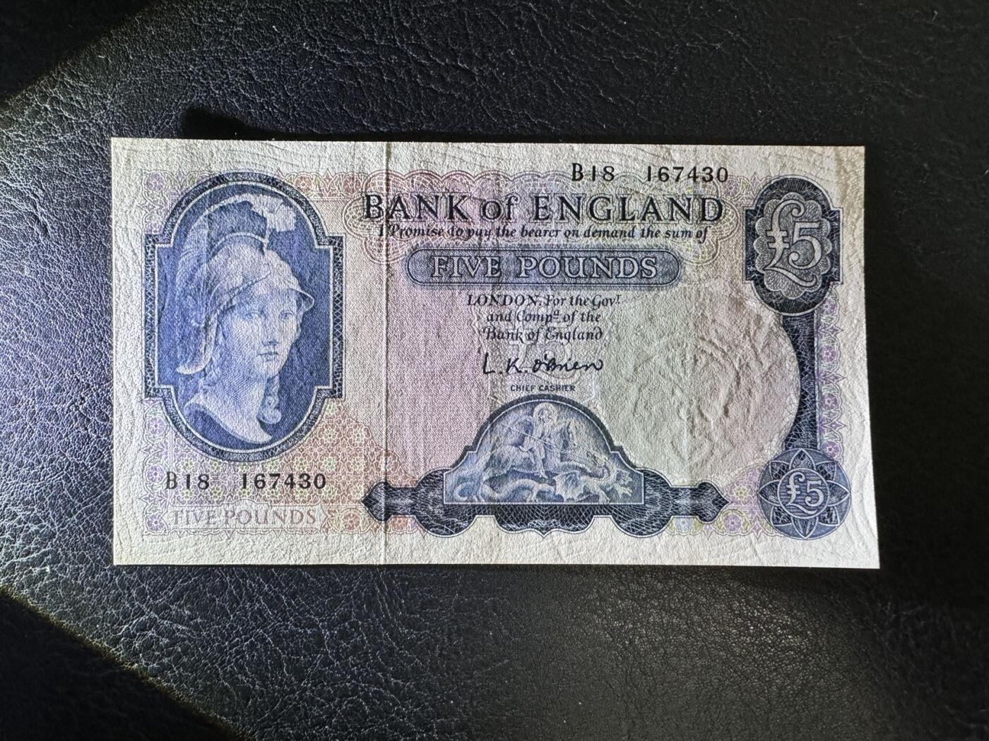 收藏联盟Quantum Auction 第372期拍卖  英国1957-67年5镑 非全新 品相如图 帝国女神