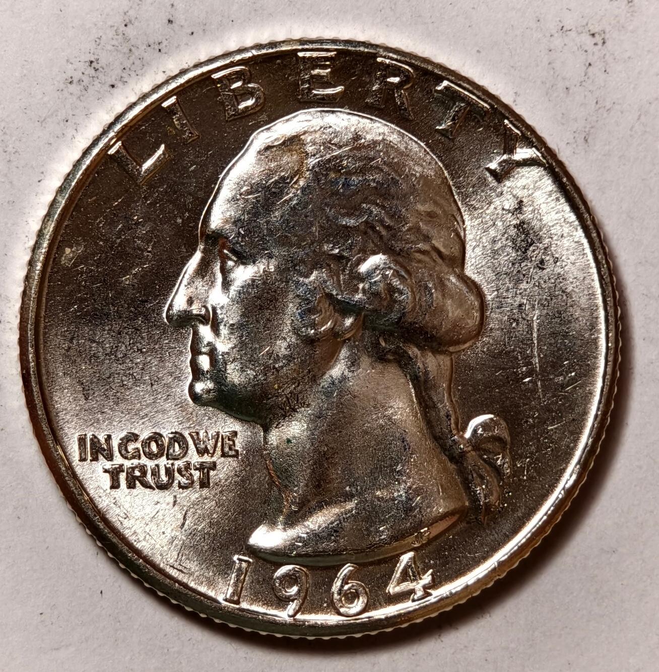 紫瑗钱币——第414期 美国 1964年 华盛顿 25美分 6.25克 0.9银 BU 可评级