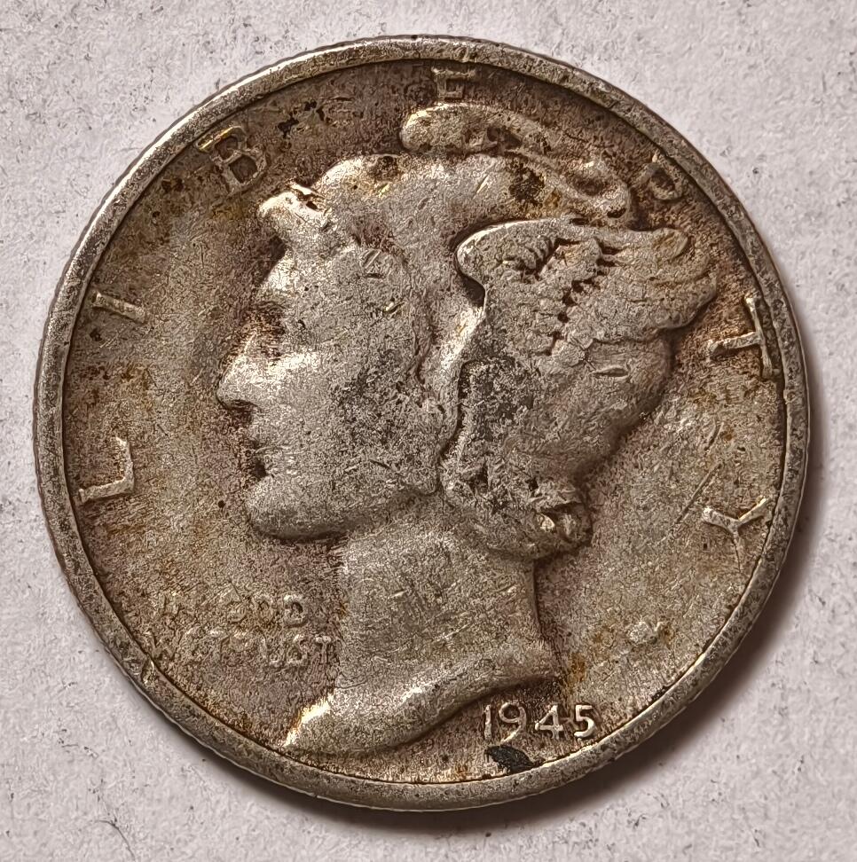 紫瑗钱币——第414期 美国 1945年 D版 墨丘比利 小飞侠 10美分 2.5克 0.9银