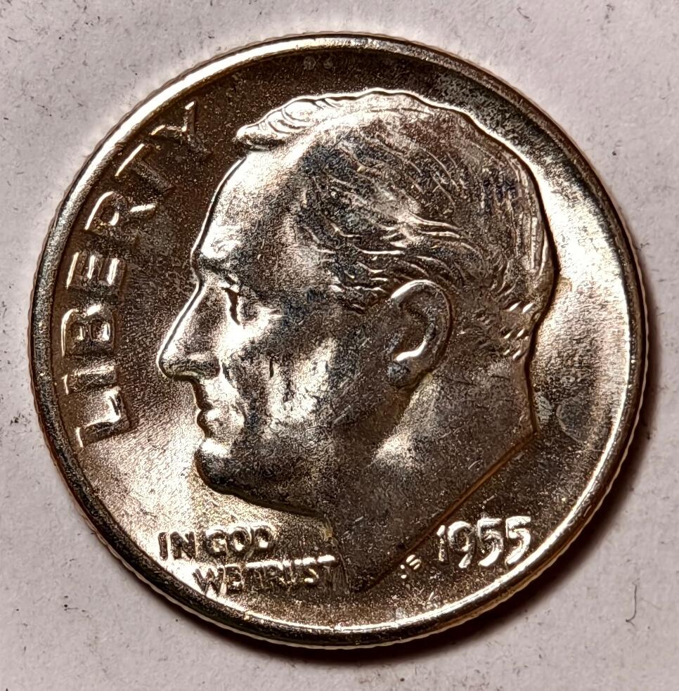 紫瑗钱币——第414期 美国 1955年 S版 罗斯福 10美分 2.5克 0.9银 BU 可评级