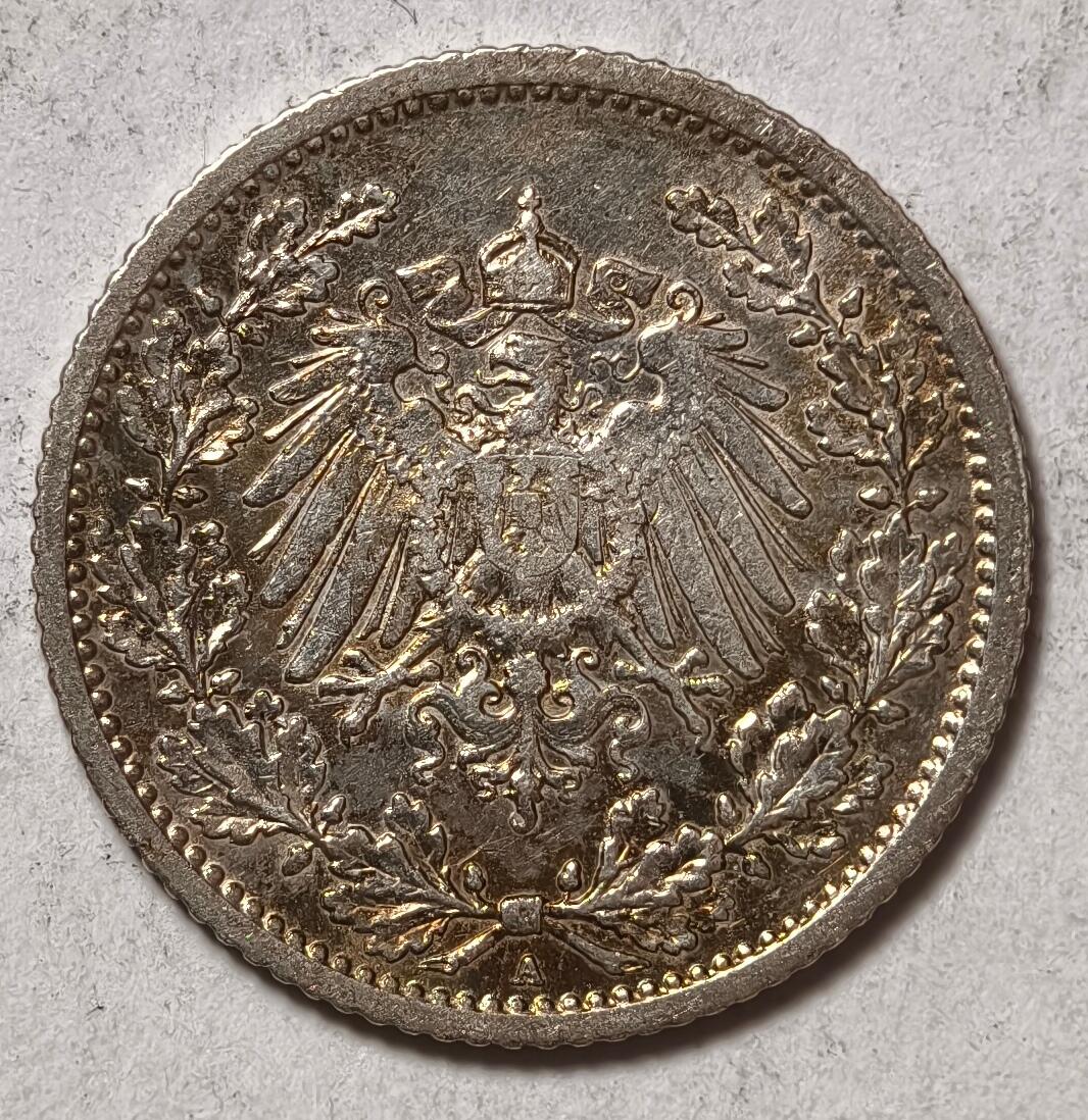 紫瑗钱币——第414期 德国 1906年 A版 第二帝国 1/2马克 银币 2.77克 0.9银