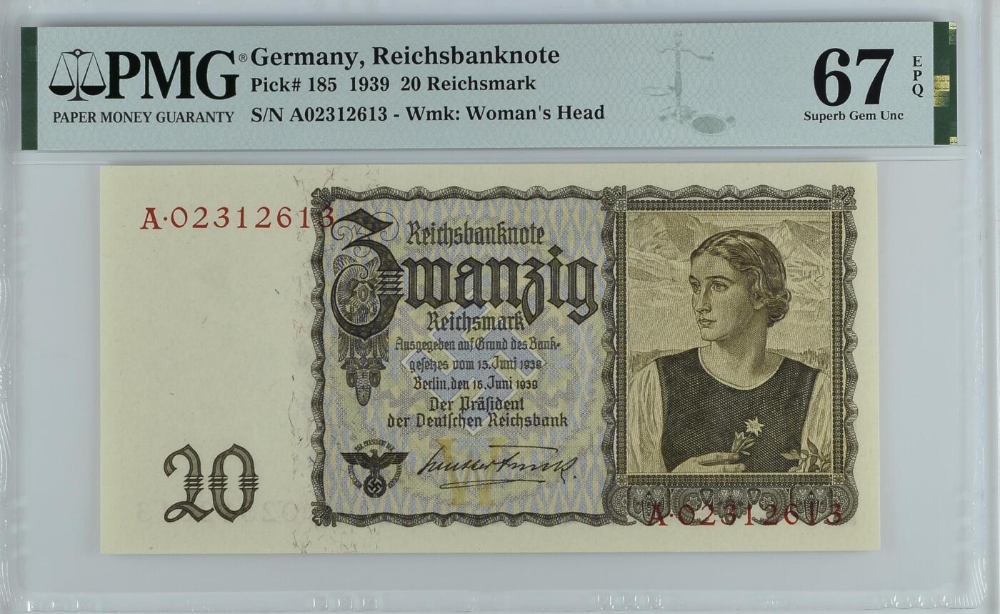 收藏联盟Quantum Auction 第372期拍卖  德国1939年20马克A冠 PMG67 号码无47
