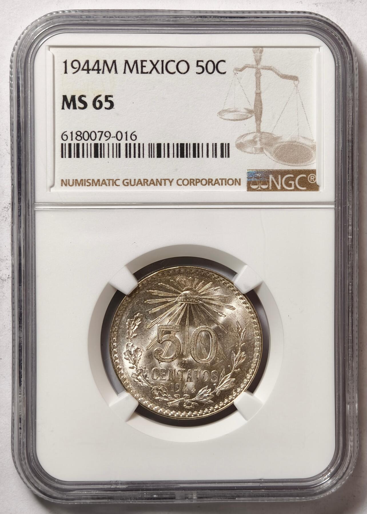 紫瑗钱币——第414期 墨西哥 1944年 M版 鹰洋 50分 银币 NGC MS65