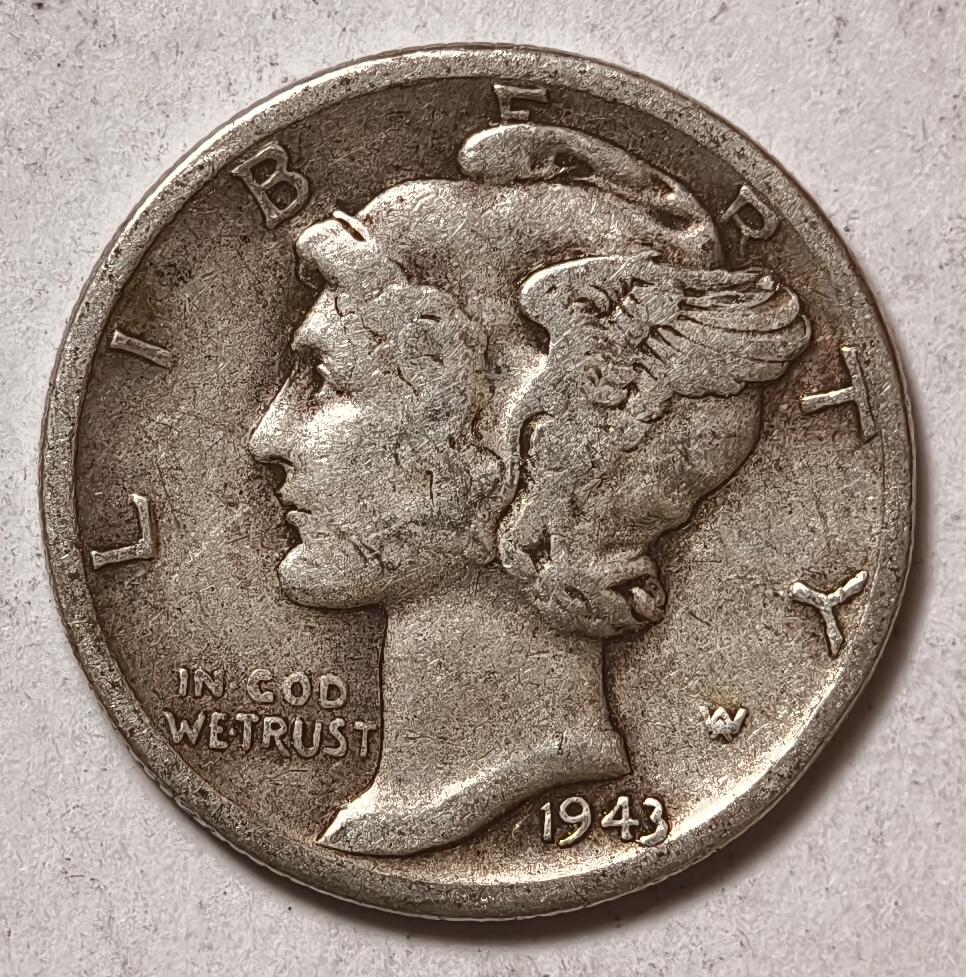 紫瑗钱币——第414期 美国 1943年 D版 墨丘比利 小飞侠 10美分 2.5克 0.9银
