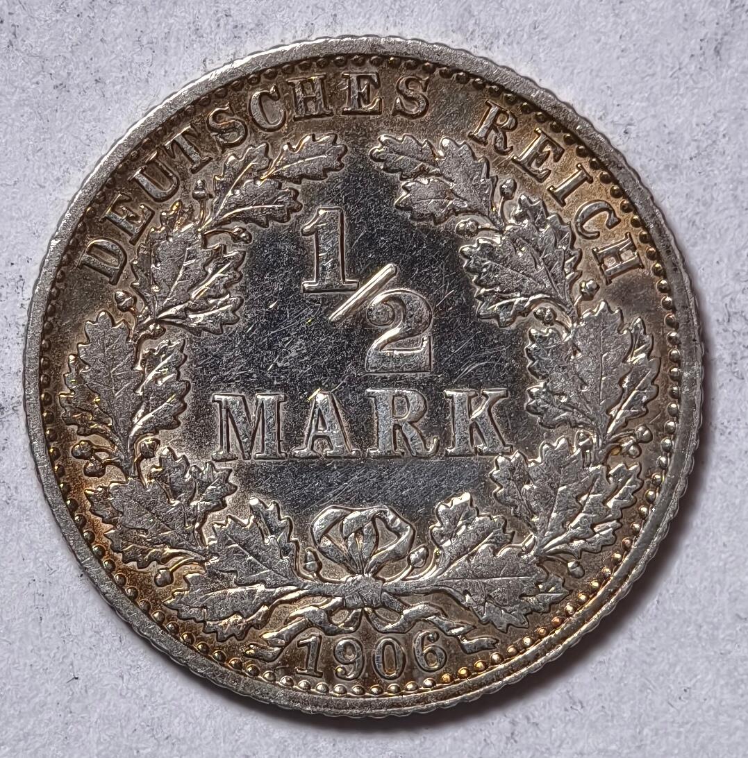 紫瑗钱币——第414期 德国 1906年 A版 第二帝国 1/2马克 银币 2.77克 0.9银