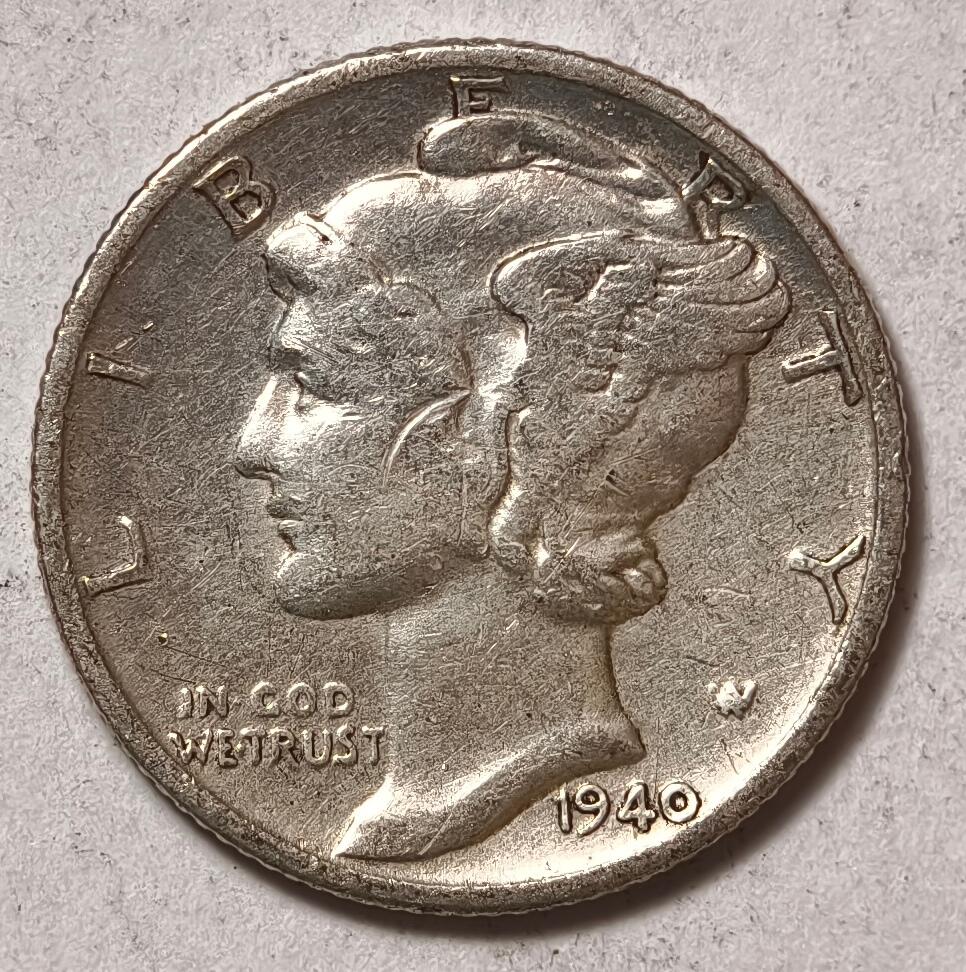 紫瑗钱币——第414期 美国 1940年 D版 墨丘比利 小飞侠 10美分 2.5克 0.9银