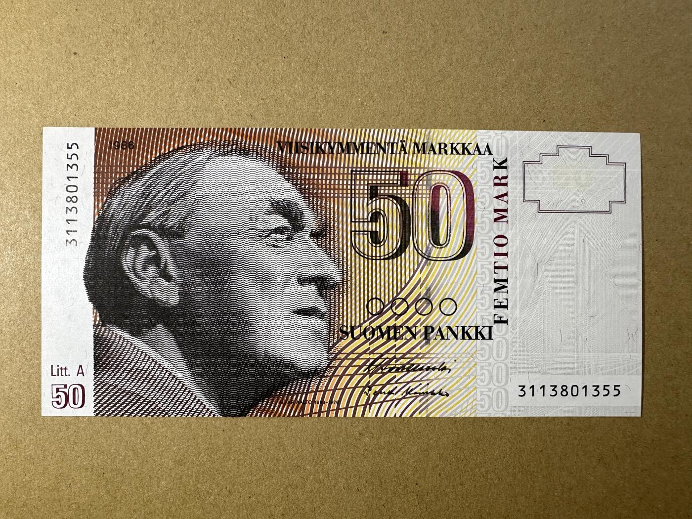 《张总收藏》165期-周日外币超精品 芬兰50马克 UNC 1991年 芬兰建筑师阿尔托 无47双尾