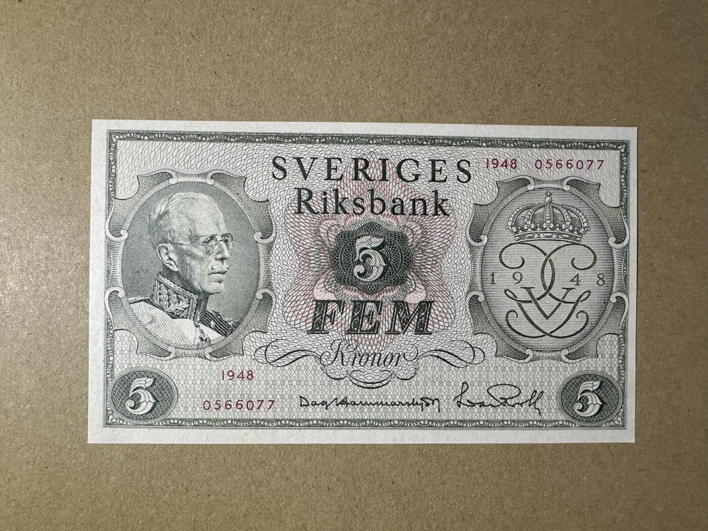 《张总收藏》165期-周日外币超精品 瑞典5克朗 UNC 1948年 古斯塔夫五世国王诞辰90周年纪念钞 无4