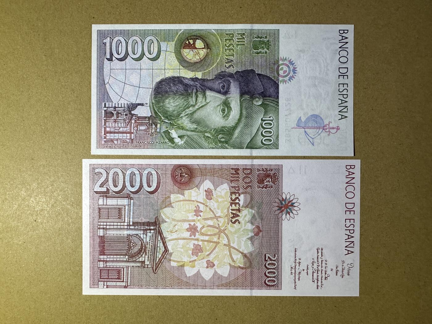 《张总收藏》165期-周日外币超精品 西班牙1000、2000比塞塔2张 UNC 1992年末版