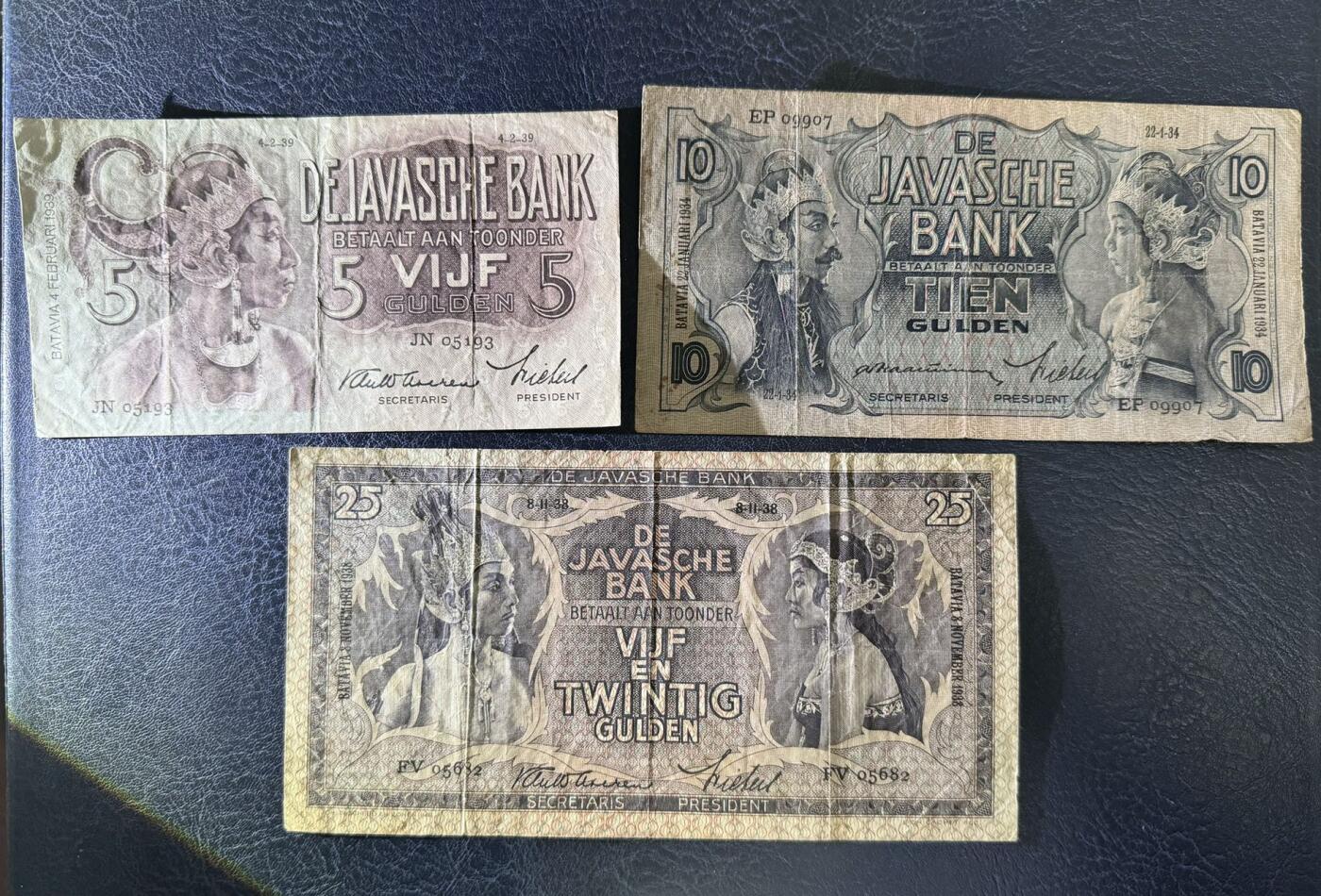 收藏联盟Quantum Auction 第372期拍卖  荷属爪哇1934-39年5-25盾 品相如图 JEZ代印
