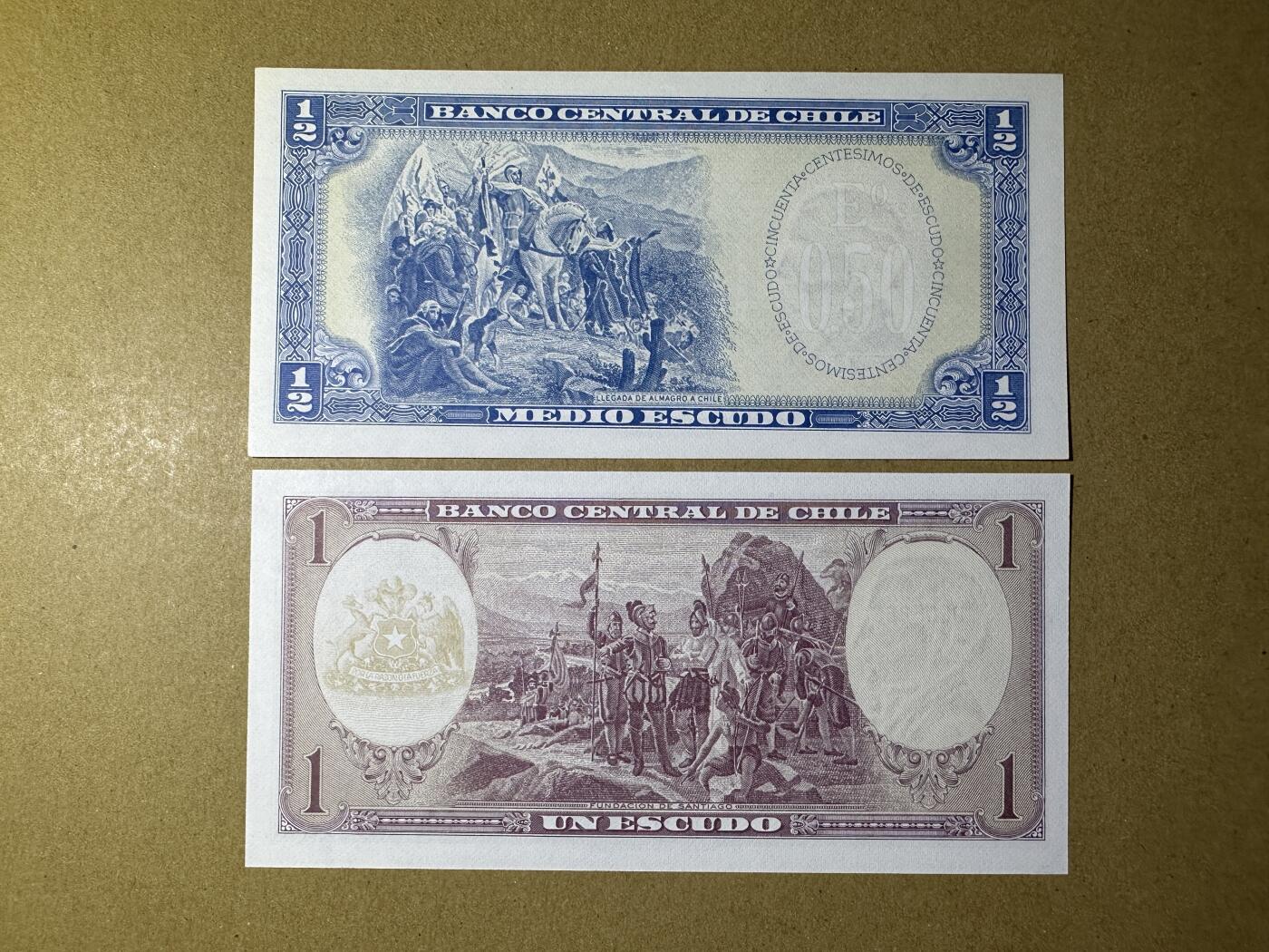 《张总收藏》165期-周日外币超精品 智利1/2、1埃斯库多2张 UNC 1962-1975年老版本