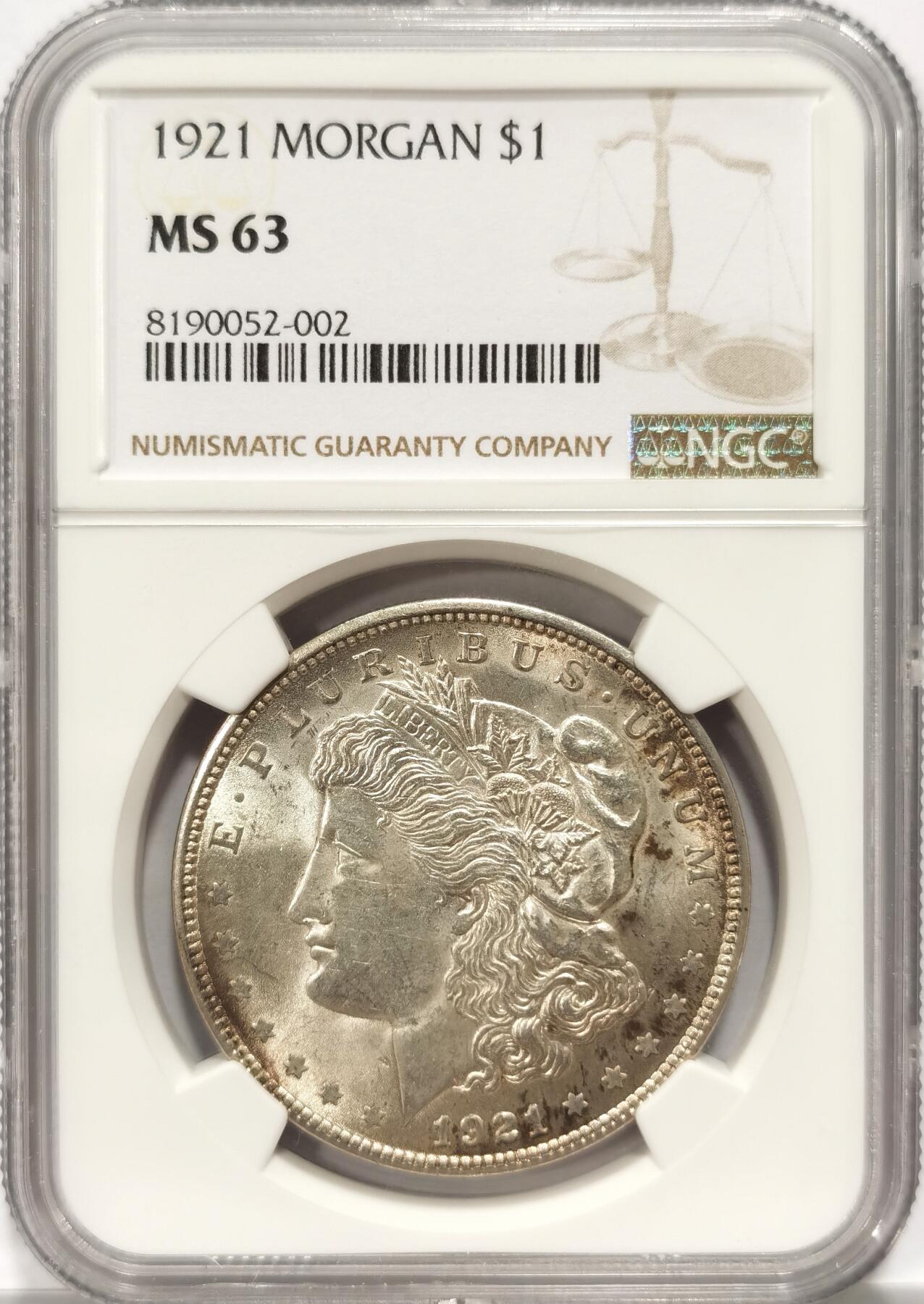 博洋堂“长夏未央”8月精品专场暨第089期（全场包邮） NGC MS63 美国1921年摩根银币，光度非常好，背面带漂亮淡彩