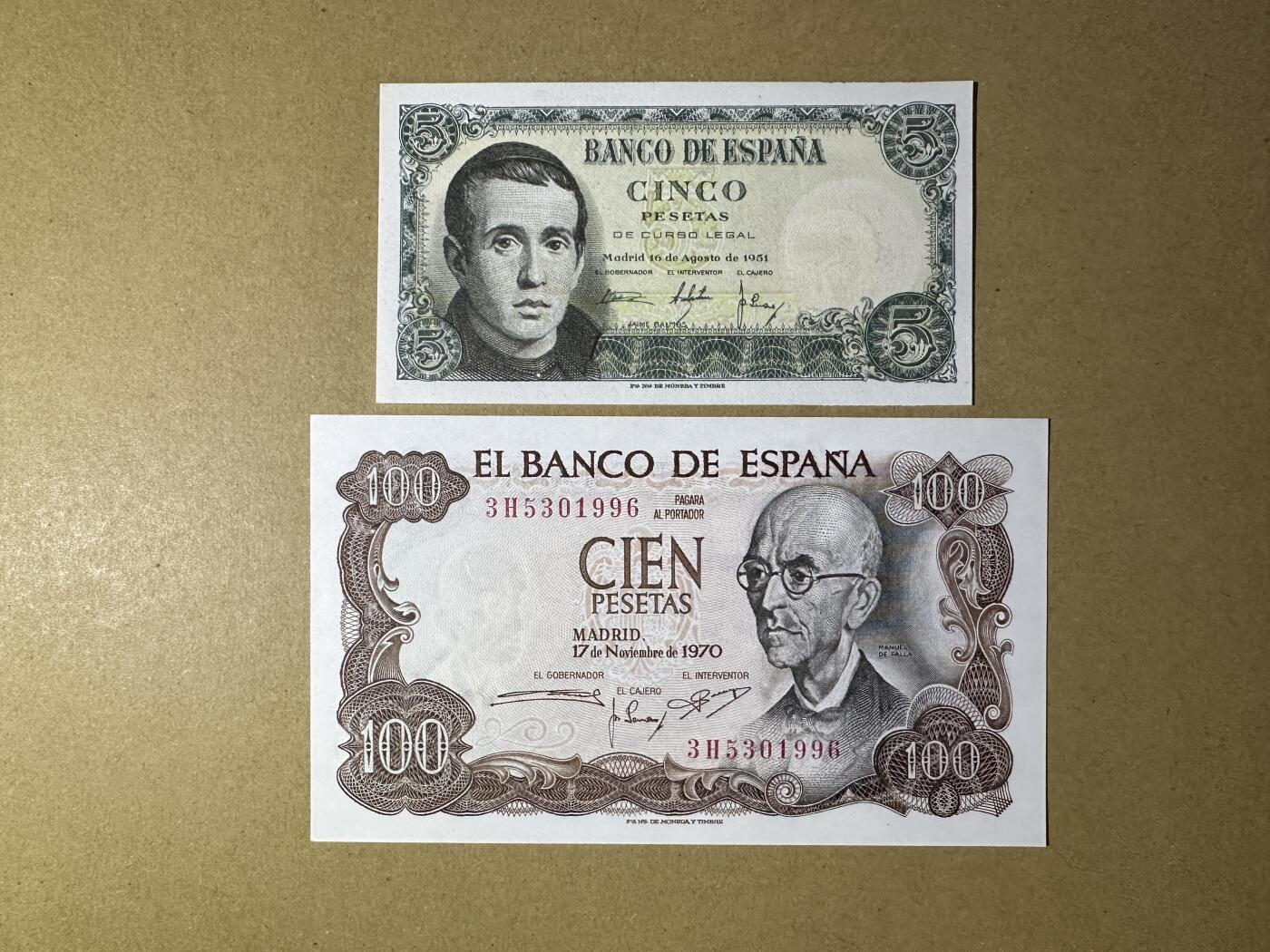 《张总收藏》165期-周日外币超精品 西班牙5、100比塞塔2张 UNC
