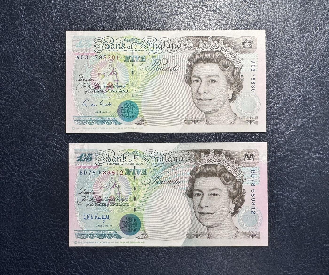 收藏联盟Quantum Auction 第372期拍卖  英国1990年版5镑皇冠版 品相UNC 号码无4 A03冠稀少签名 轻微潮版