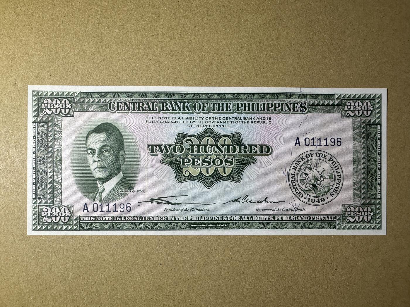《张总收藏》165期-周日外币超精品 菲律宾200比索 UNC 1949年 A冠无47