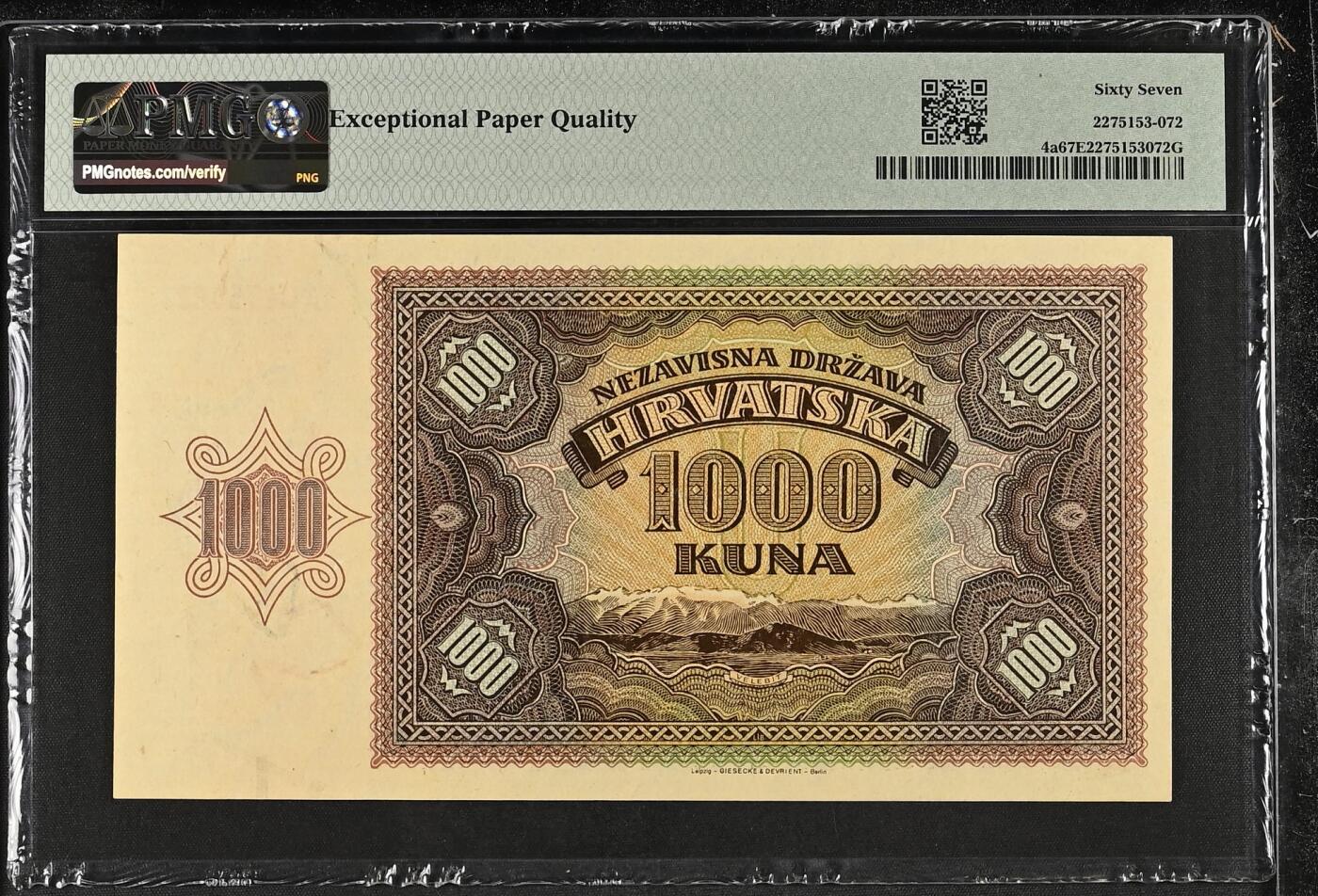 收藏联盟Quantum Auction 第372期拍卖  克罗地亚1941年1000库纳 PMG67 冠军分 克罗地亚最大的山脉 韦莱比特山脉