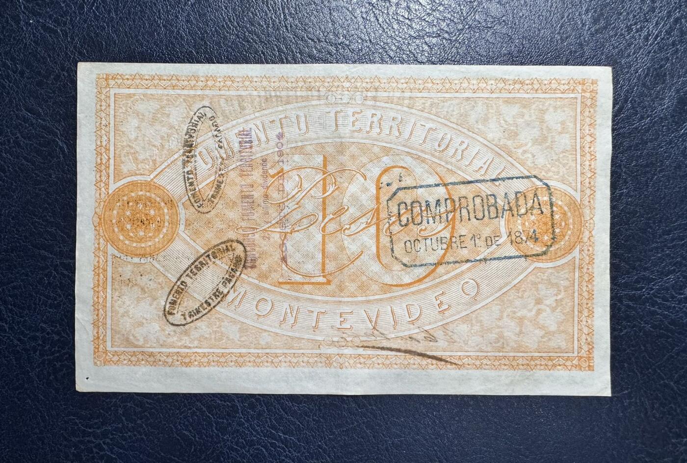 收藏联盟Quantum Auction 第372期拍卖  乌拉圭1868年蒙德维迪亚10比索 品相如图 带手签编号和签名实钞