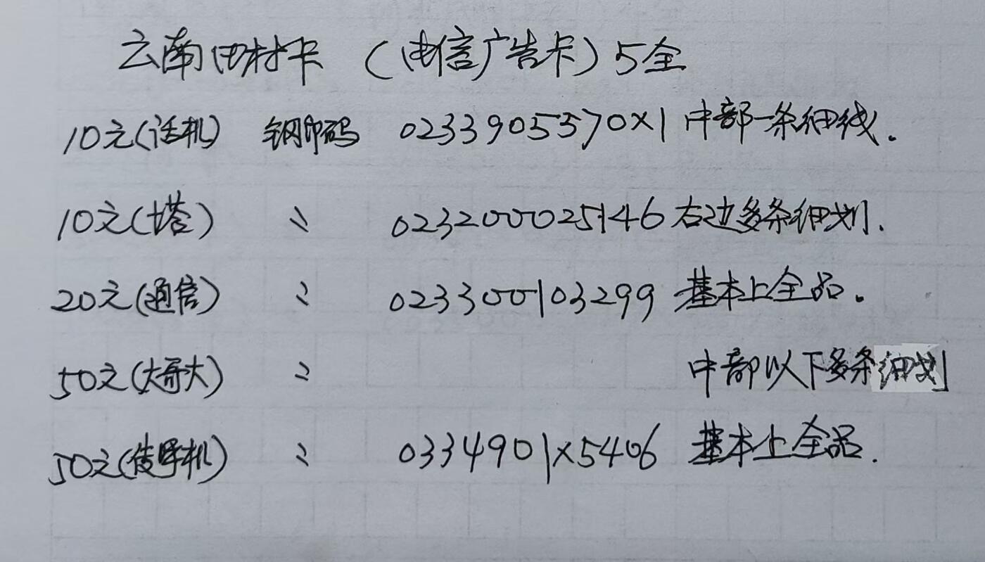 公藏第15期裸卡拍卖 云南田村卡（电信广告卡）5全。品相，钢印码见图。