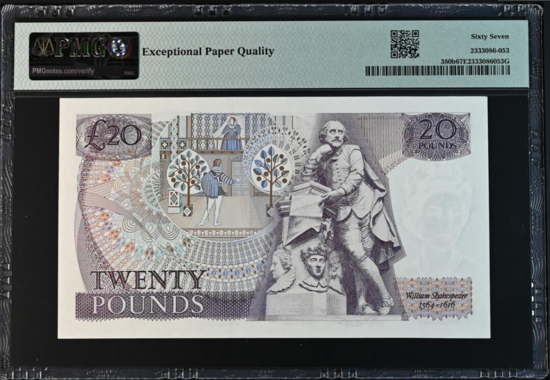 《张总收藏》165期-周日外币超精品 英国D序列1970-80年C01冠20镑PMG67E亚军分无4号码整齐 背面莎士比亚 Page签名 Pick#380b 冠军68分仅3张