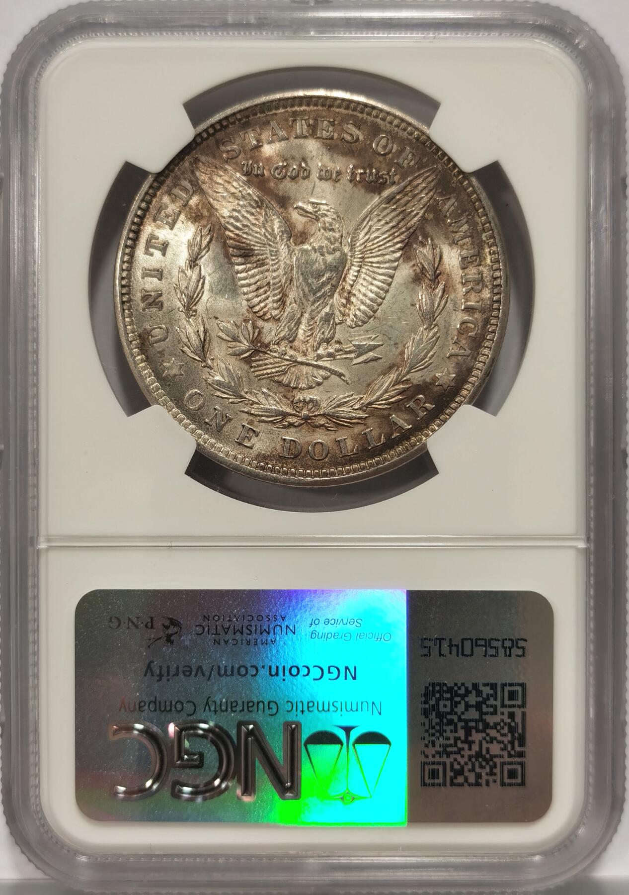 博洋堂“长夏未央”8月精品专场暨第089期（全场包邮） NGC MS63 美国1921年摩根银币，光度非常好，背面带漂亮淡彩