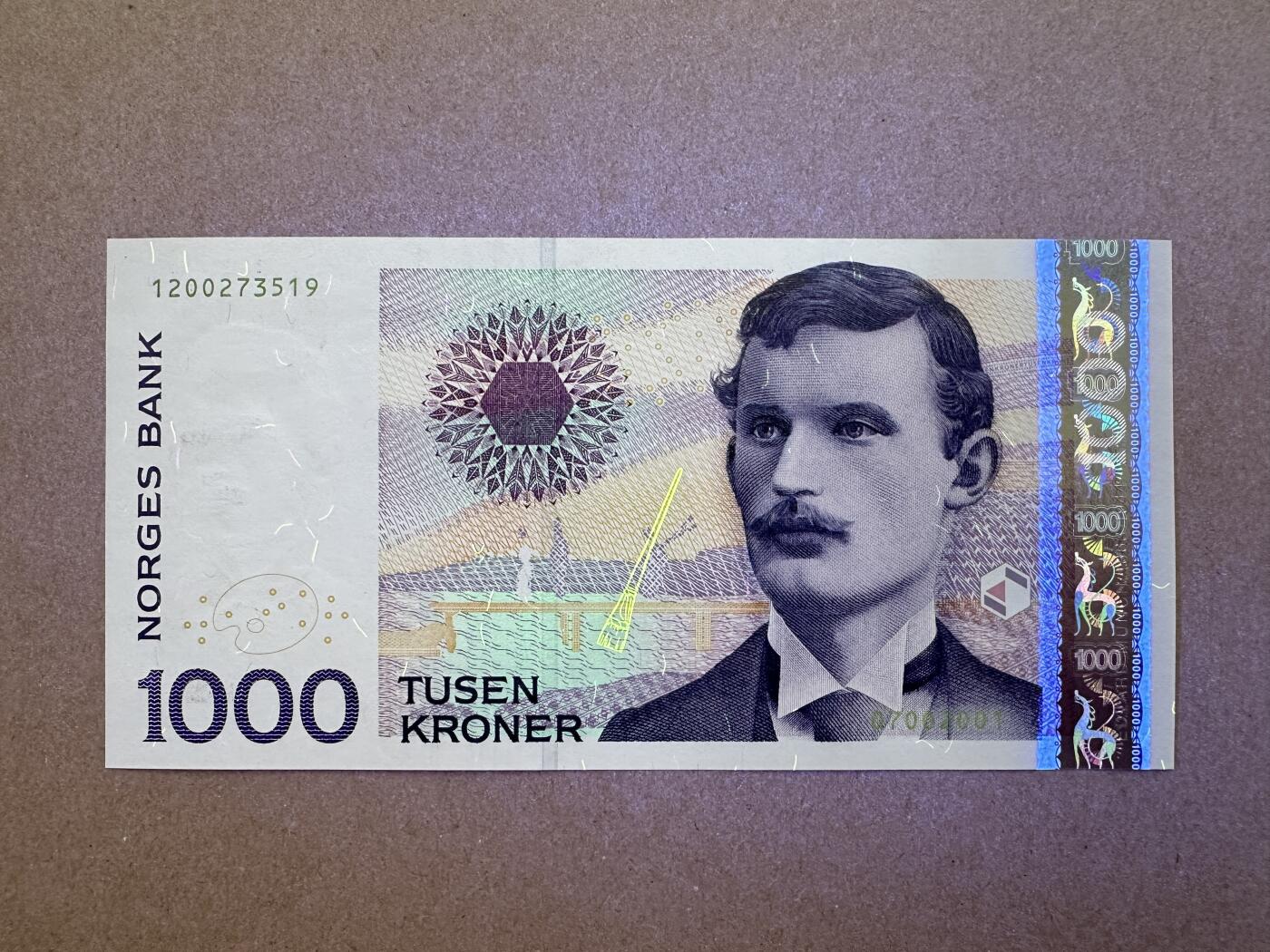 《张总收藏》165期-周日外币超精品 挪威1000克朗 UNC 2001年首发年 挪威表现主义画家爱德华·蒙克 无4