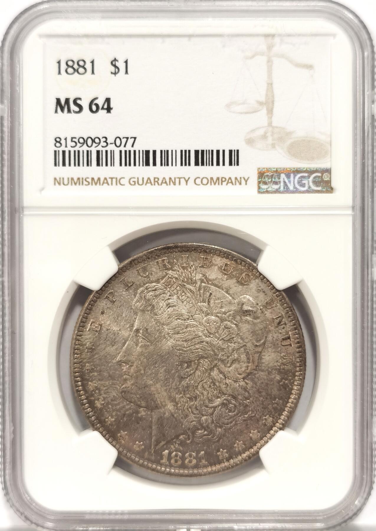 博洋堂“长夏未央”8月精品专场暨第089期（全场包邮） NGC MS64 美国1881年摩根大银币，正面玫瑰彩，卷首状态，颜值很高的一枚