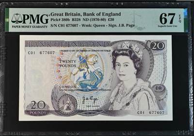 《张总收藏》165期-周日外币超精品 - 英国D序列1970-80年C01冠20镑PMG67E亚军分无4号码整齐 背面莎士比亚 Page签名 Pick#380b 冠军68分仅3张