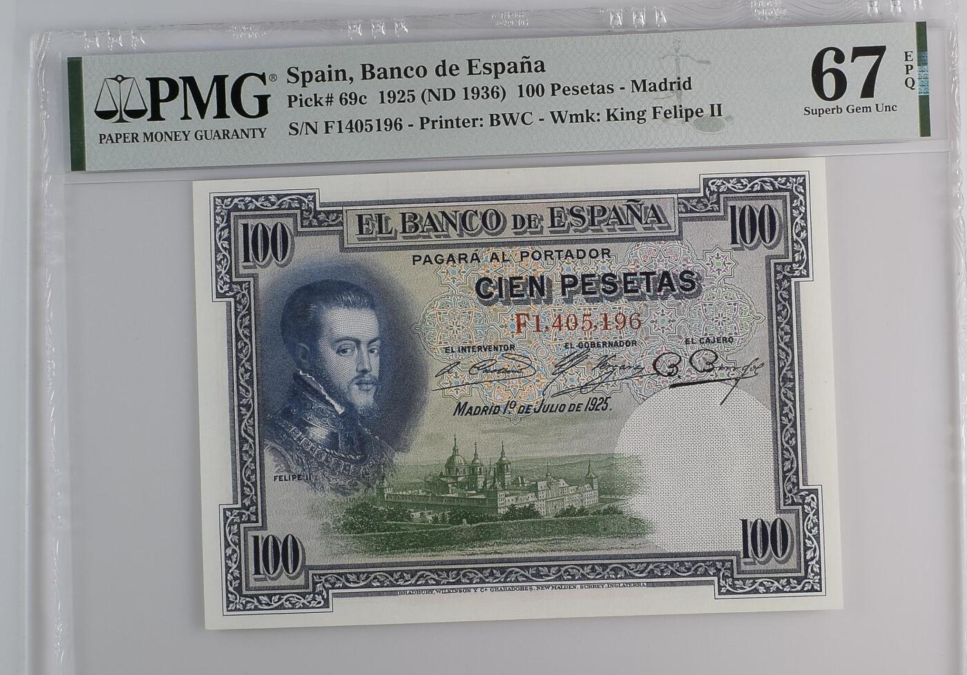 收藏联盟Quantum Auction 第372期拍卖  西班牙1925 (ND 1936)年100比塞塔 PMG67