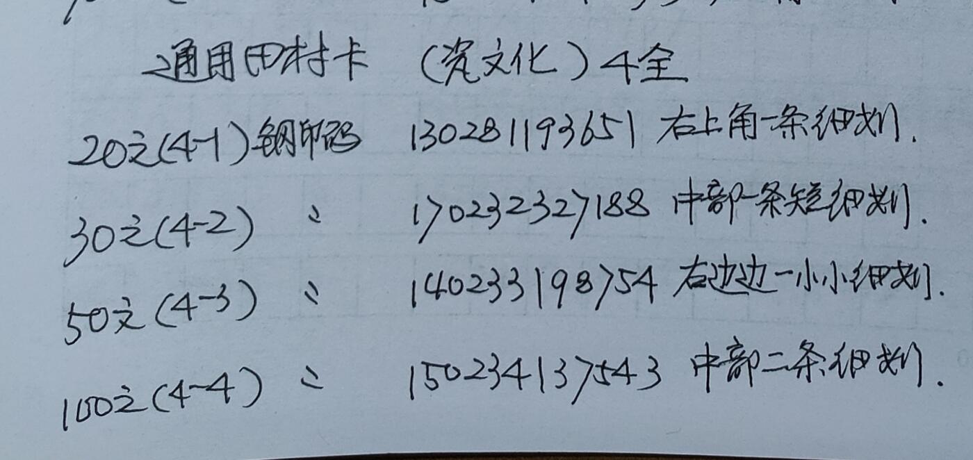 公藏第15期裸卡拍卖 通用田村卡（CNT-23  瓷文化）4全。品相，钢印码见图。