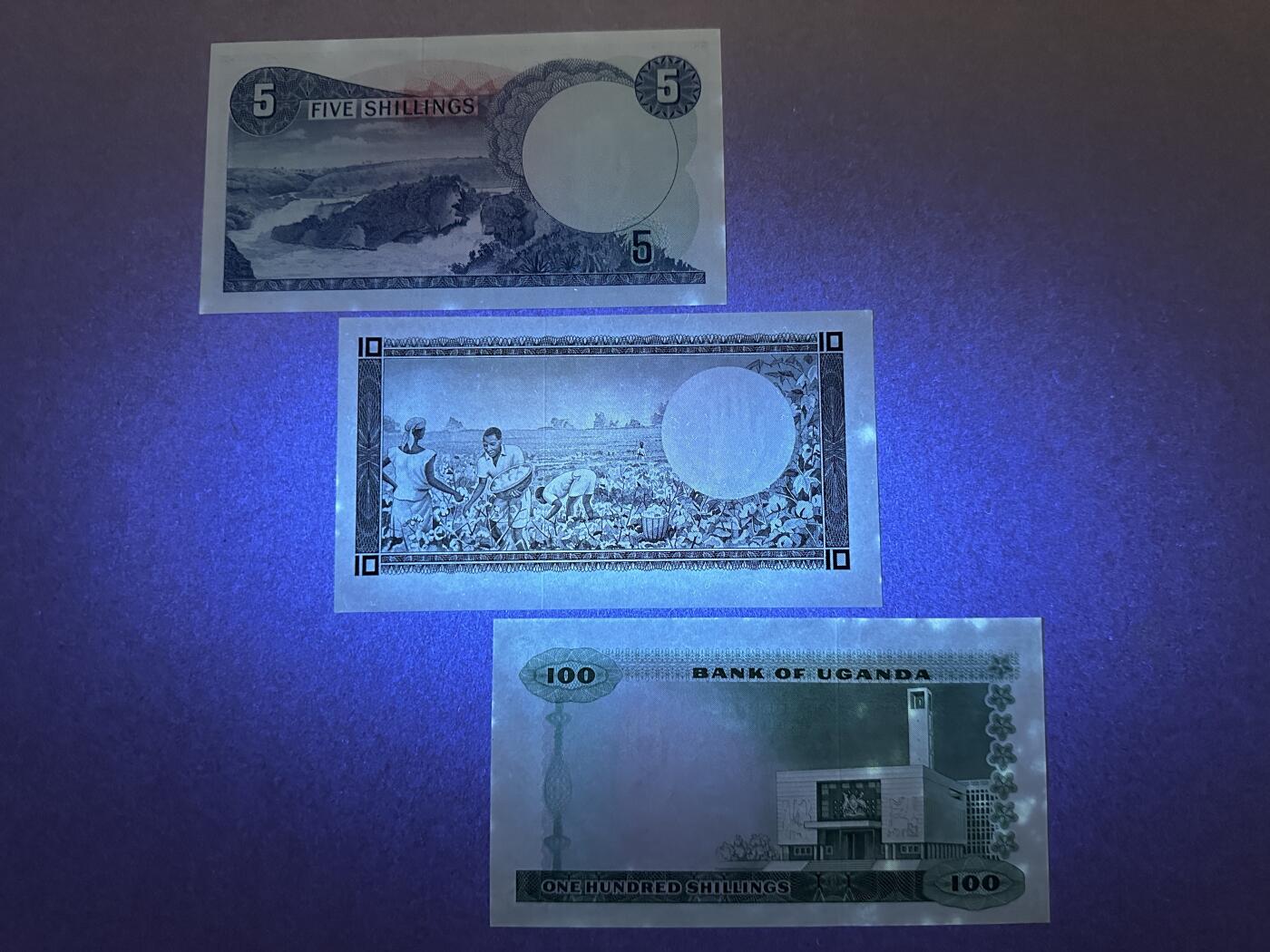 《张总收藏》165期-周日外币超精品 乌干达5、10、100先令3张 UNC- 1966年第一套纸币 局部泛黄荧光 全程无4