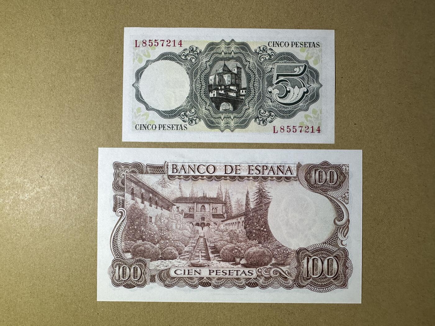 《张总收藏》165期-周日外币超精品 西班牙5、100比塞塔2张 UNC