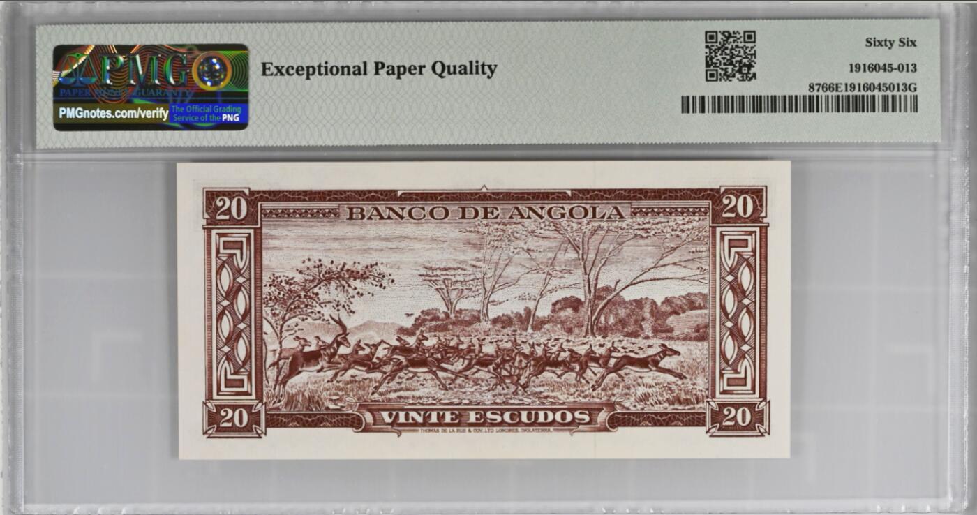 《张总收藏》165期-周日外币超精品 安哥拉1956年20埃斯库多PMG66E亚军分，筋票罕见小精品 葡属匠心之作 精美双雕 飞奔的大黑马羚羊群 冠军67分仅1张
