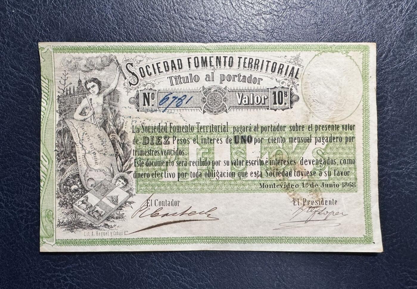 收藏联盟Quantum Auction 第372期拍卖  乌拉圭1868年蒙德维迪亚10比索 品相如图 带手签编号和签名实钞