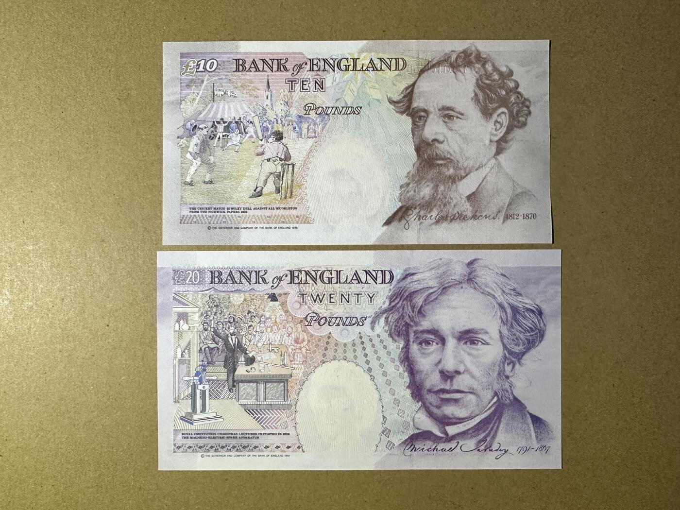 《张总收藏》165期-周日外币超精品 英格兰10、20镑2张 UNC E序列皇冠版 局部荧光 无4尾5同号 尾88