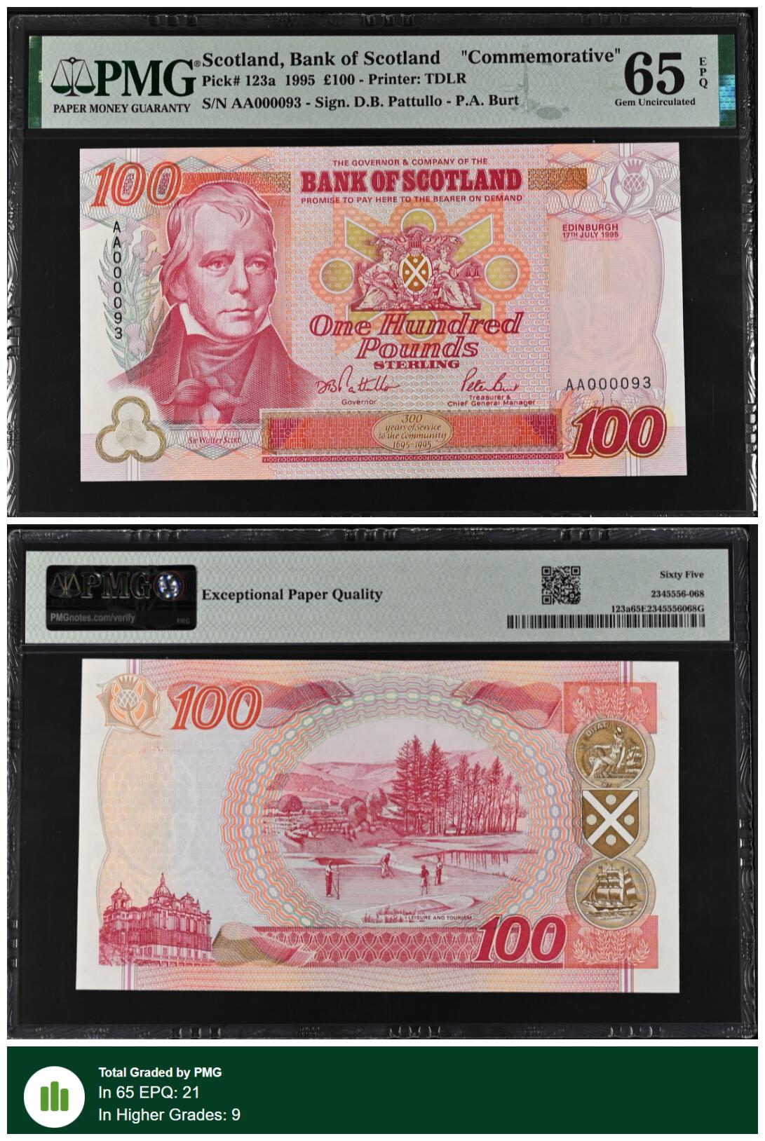 《张总收藏》165期-周日外币超精品 (5张全同大全套)苏格兰银行1995年首发AA冠100/50/20/10/5镑全同93号 PMG认证大多是亚军分，100镑难上分 冠军66分仅9张 苏格兰银行300年纪念钞 Pick#119-123a