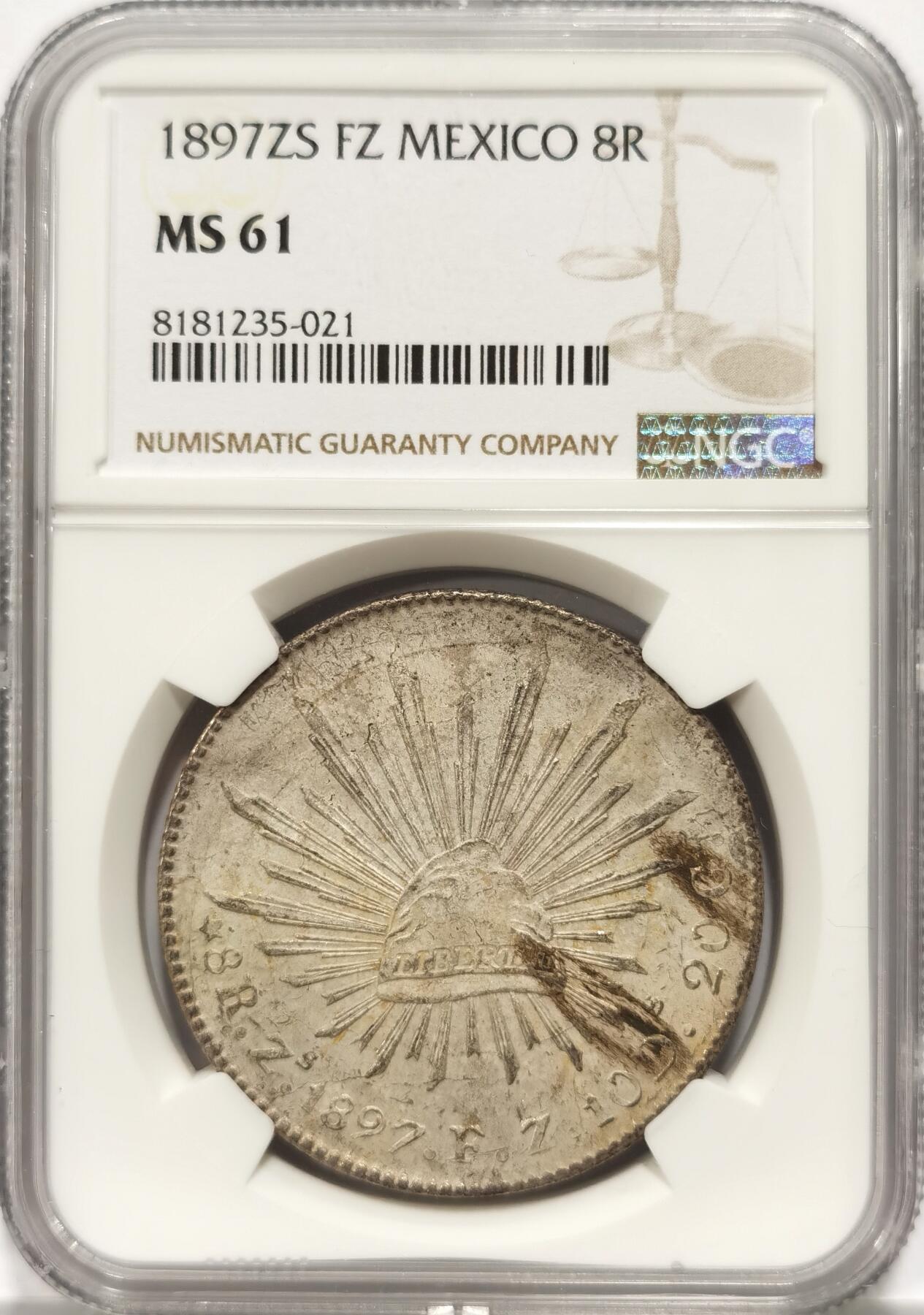 博洋堂“长夏未央”8月精品专场暨第089期（全场包邮） NGC MS61 墨西哥1897年ZS FZ版鹰洋，关门年份，原生态包浆，滴水未下