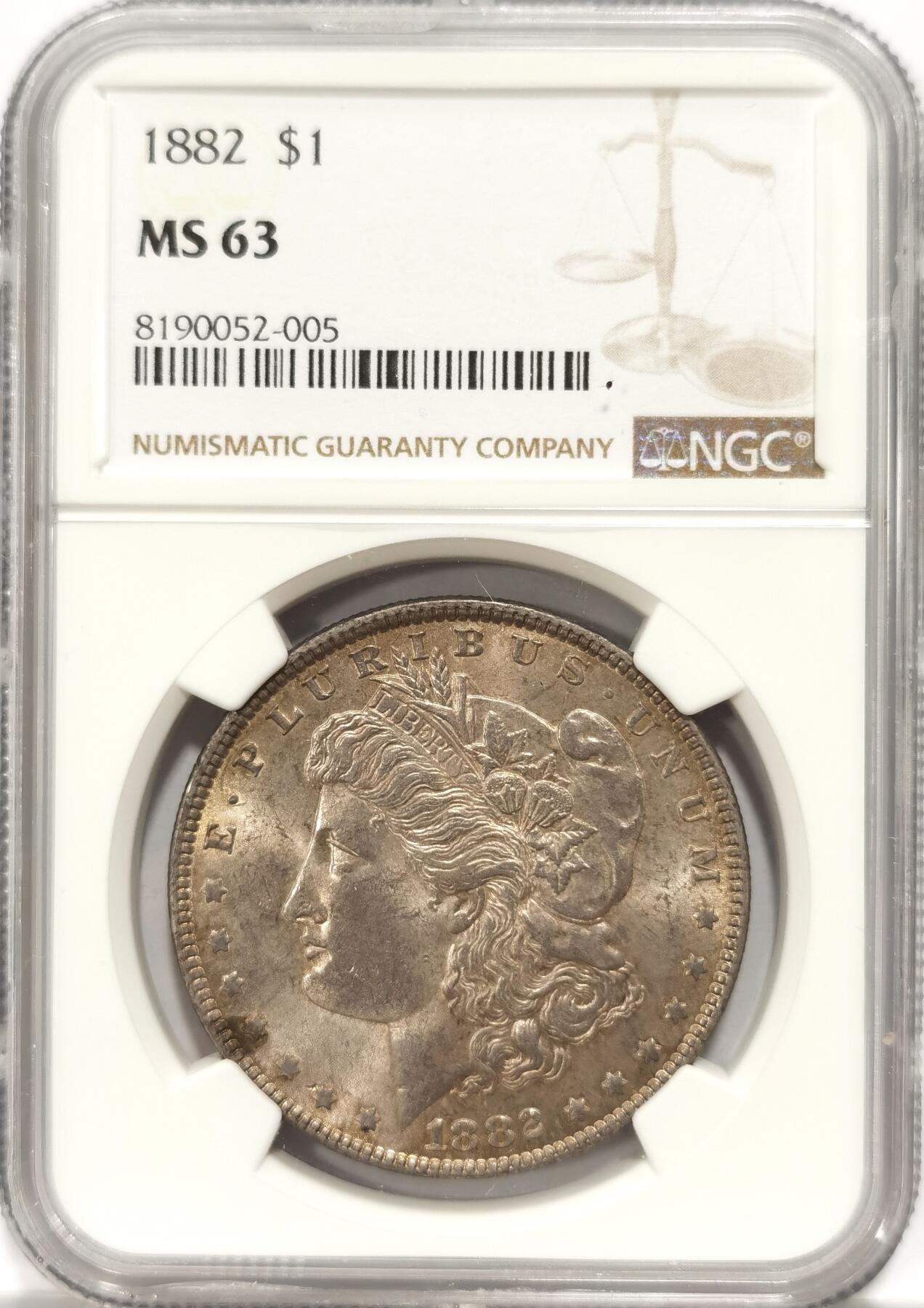博洋堂“长夏未央”8月精品专场暨第089期（全场包邮） NGC MS63 美国1882年摩根银币，费城版无厂标。该年费城版相对少见。双面五彩包浆