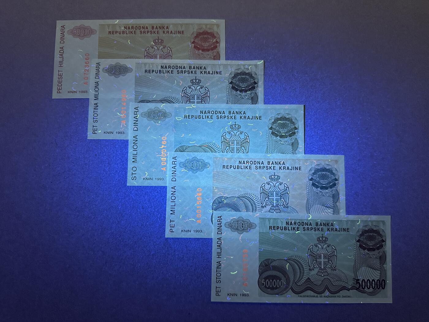 《张总收藏》165期-周日外币超精品 克罗地亚大面值第纳尔5张 UNC 1993年版