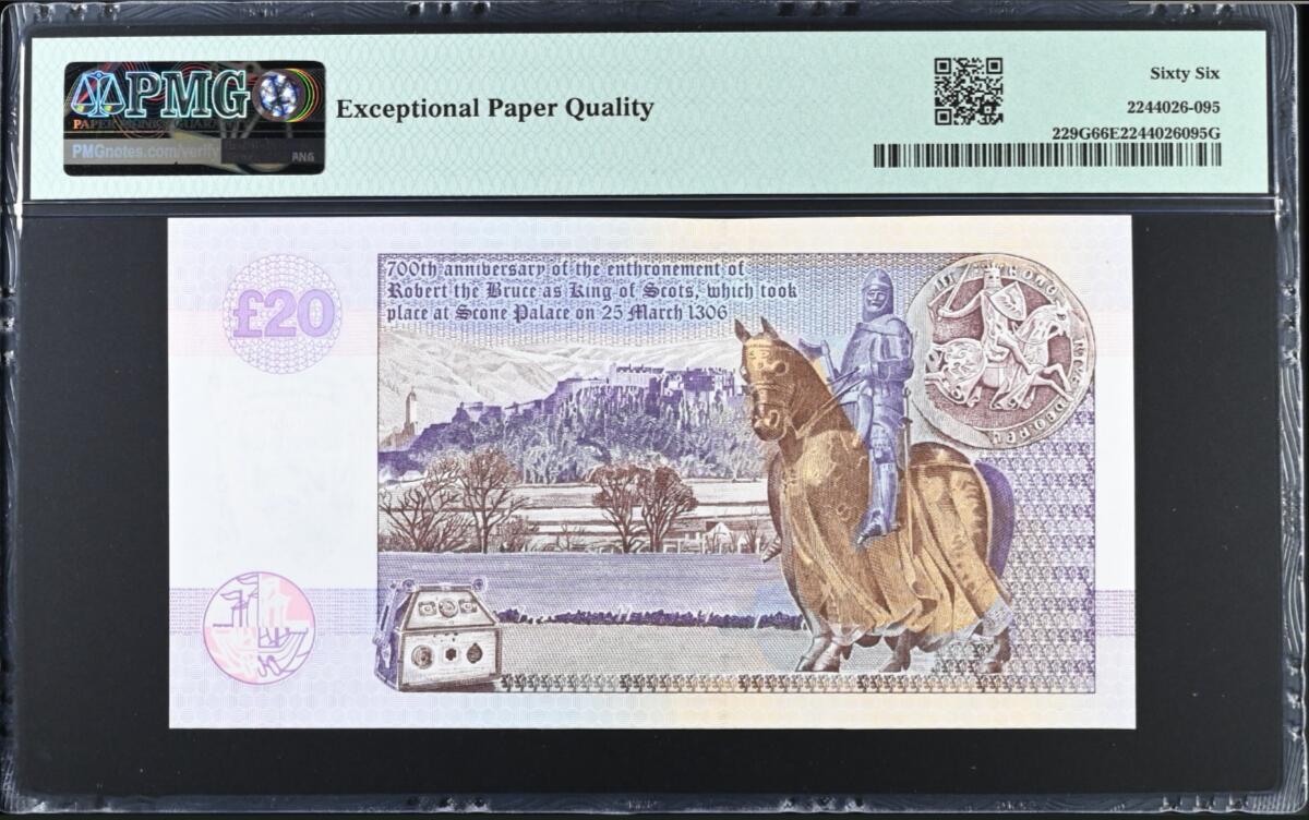 《张总收藏》165期-周日外币超精品 苏格兰戴尔银行2006年RB1冠20镑PMG66E百位147号 Pick#229G Robert the Bruce 700周年纪念钞少见