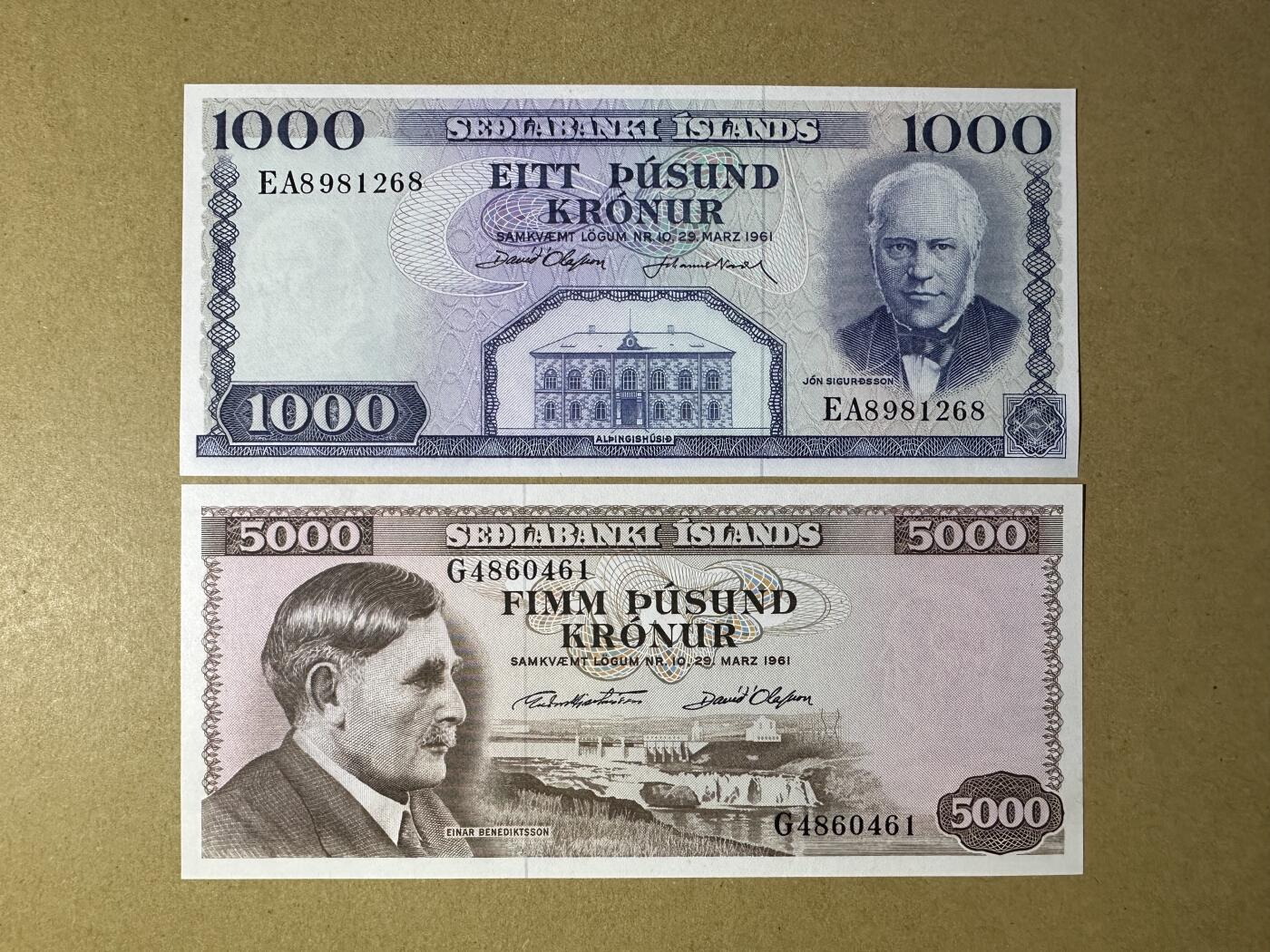 《张总收藏》165期-周日外币超精品 冰岛1000、5000克朗2张 UNC 1961年