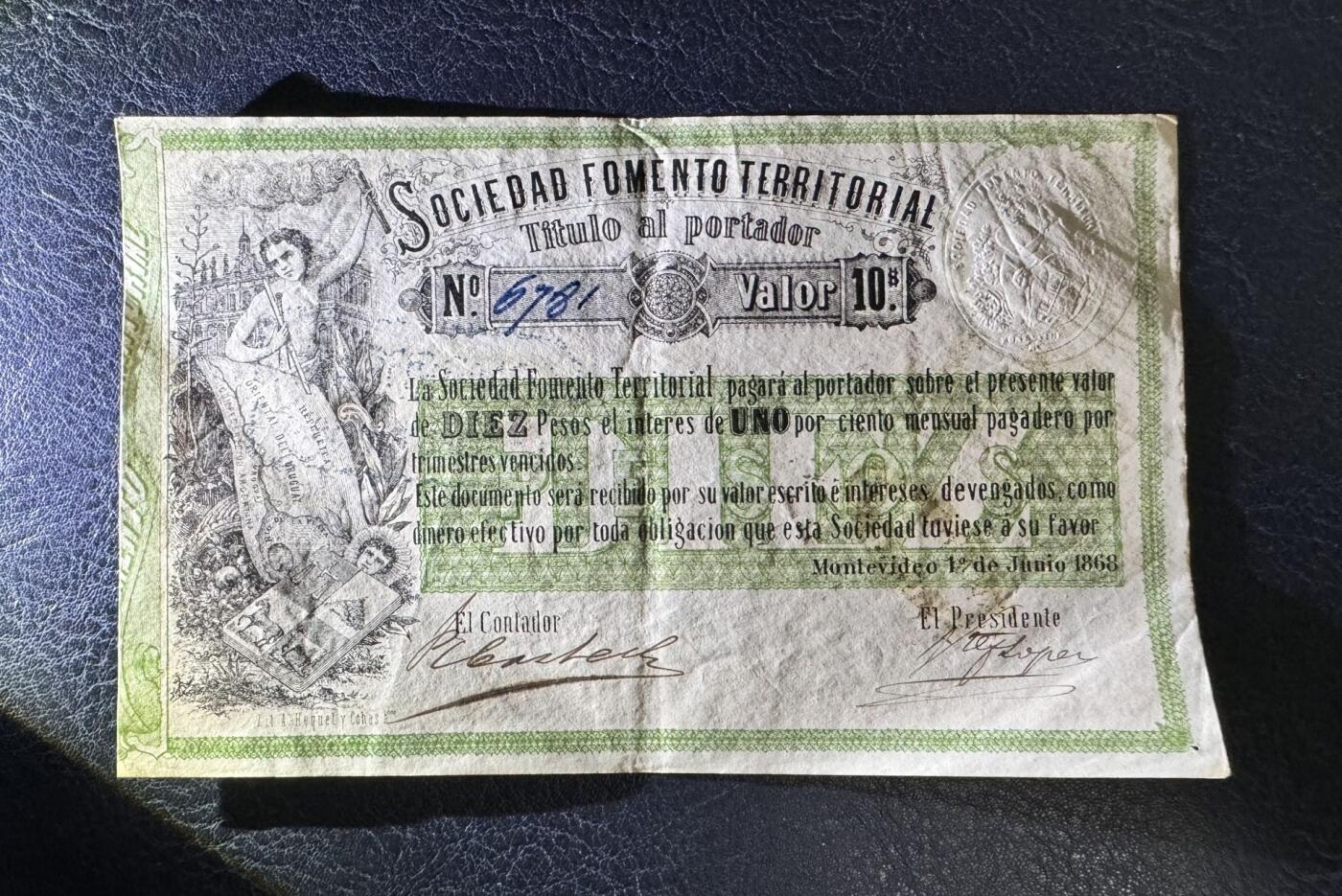 收藏联盟Quantum Auction 第372期拍卖  乌拉圭1868年蒙德维迪亚10比索 品相如图 带手签编号和签名实钞