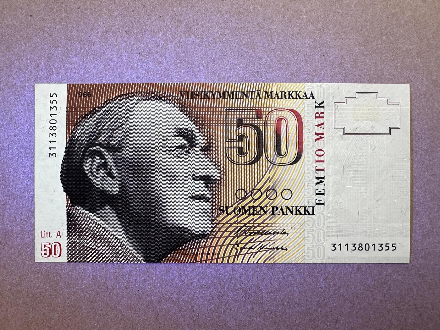 《张总收藏》165期-周日外币超精品 芬兰50马克 UNC 1991年 芬兰建筑师阿尔托 无47双尾