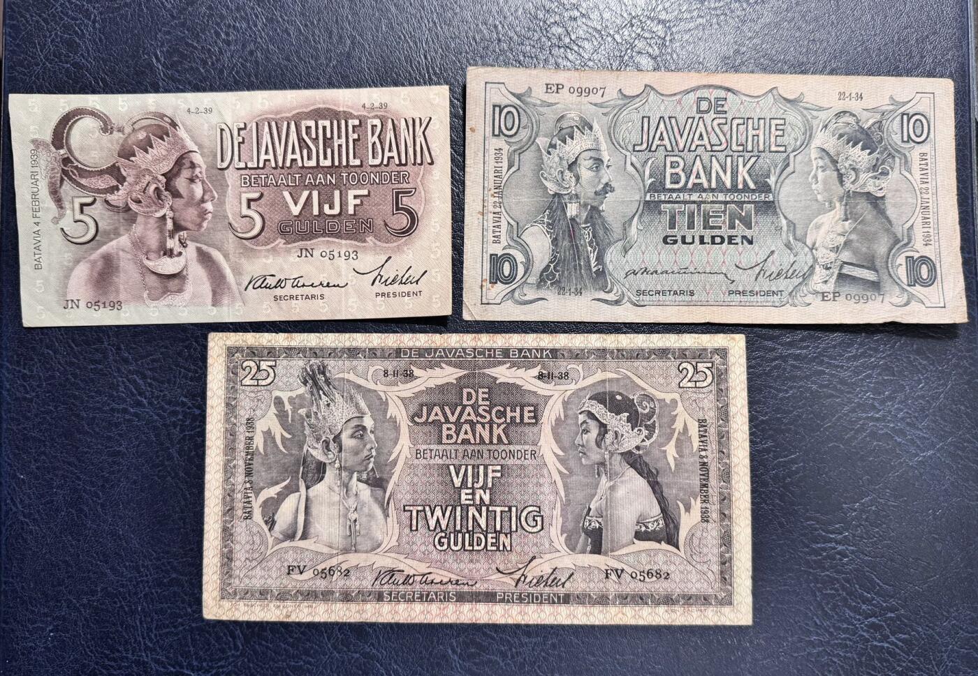 收藏联盟Quantum Auction 第372期拍卖  荷属爪哇1934-39年5-25盾 品相如图 JEZ代印