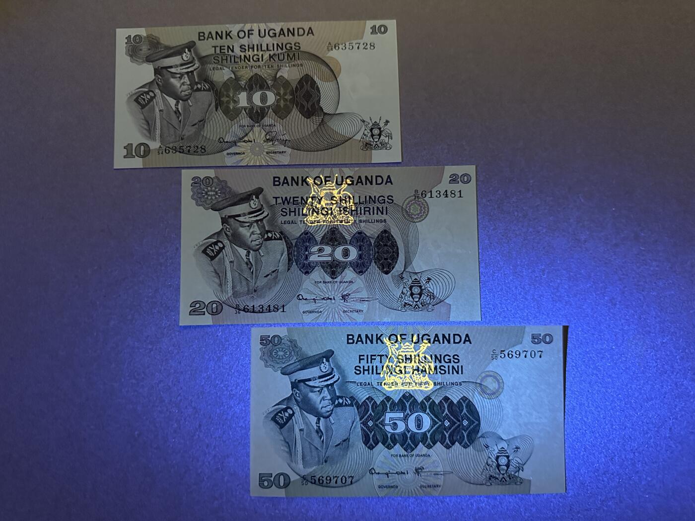 《张总收藏》165期-周日外币超精品 乌干达10、20、50先令3张 UNC 1973年版