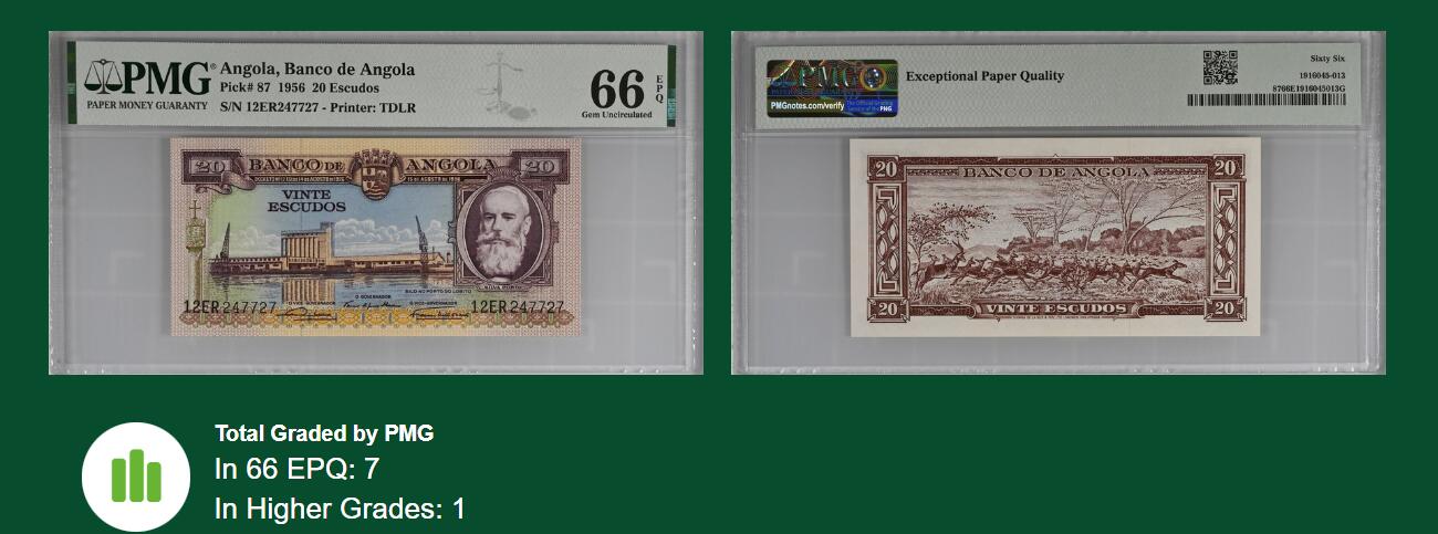 《张总收藏》165期-周日外币超精品 安哥拉1956年20埃斯库多PMG66E亚军分，筋票罕见小精品 葡属匠心之作 精美双雕 飞奔的大黑马羚羊群 冠军67分仅1张